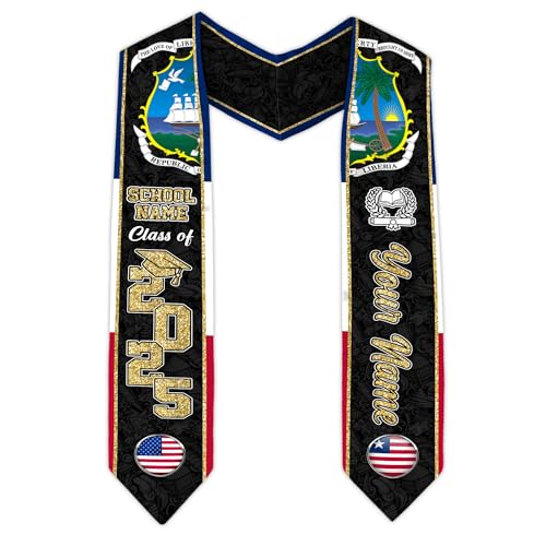 MonkeyVan Personalized Liberia Graduation Stole, Liberian Graduation Sash, Liberia Flag Graduation Stole, Class of 2025 Lb1
