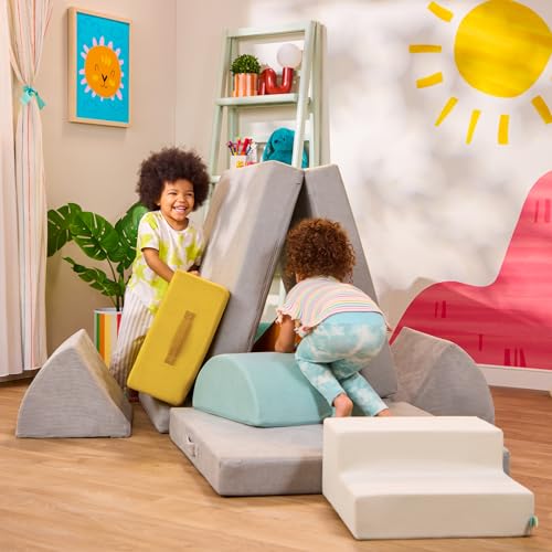 Image of B. toys Fort Playset, WonderFort Modular Sensory Foam Set, Activity | 5-piece foam playset with folding double base, 2 large squares, 2 wedges, textured covers with handles, 12+ Months