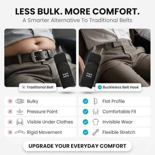 Image of Buckleless Belt for Men & Women - 2 Pack Tactical Metal Hook Elastic Invisible WaistBelt, No Buckle Clip On EDC Belt for Jeans, Work & Outdoor (Black)