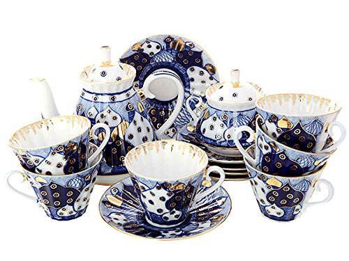 Lomonosov Porcelain Tea Set 6/14 Church Domes Orthodox Bells: Tea Pot, Sugar Bowl and 6 Cups with Saucers