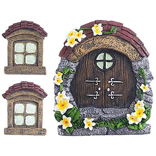 ALEMIN Feentür Garten Feen-Tür und -Fenster für Bäume, 14cm Harz Miniatur Elfen-Tür Wichteltür Gartendeko, Im Dunkeln Leuchten (Dachziegel)