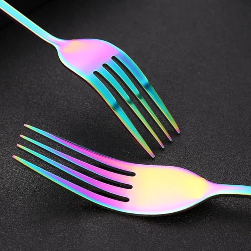 Image of Stainless Steel Flatware Set, Premium Cutlery Tableware Service Include Fork Set, Eating Utensil Sets with Steak, Mirror Polished, Dishwasher Safe (6 Pcs Small Fork, Rainbow)