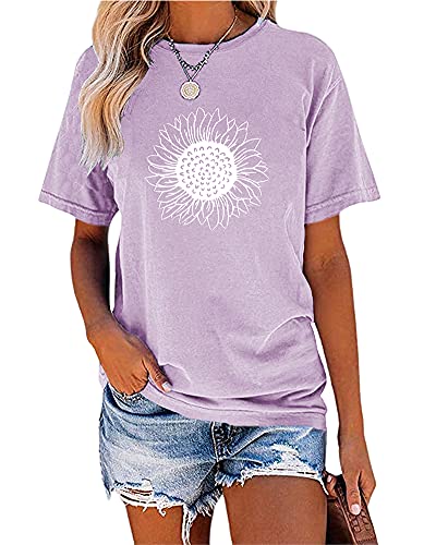 MaQiYa Womens Cute Sunflower Graphic Printed Tee Shirts Vintage Short Sleeve Cotton Shirts Tops