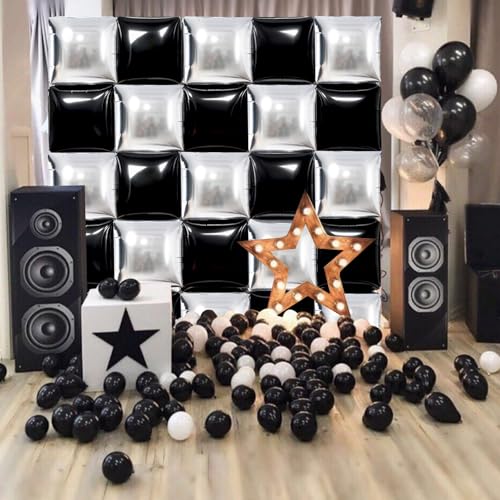 Image of TONIFUL Square Foil Balloon Wall 30pcs Black and Silver Pink Double Sided Mylar Square Balloon Garland Kit Balloons Background Arch for Checkered Racing Car Birthday New Years Decorations