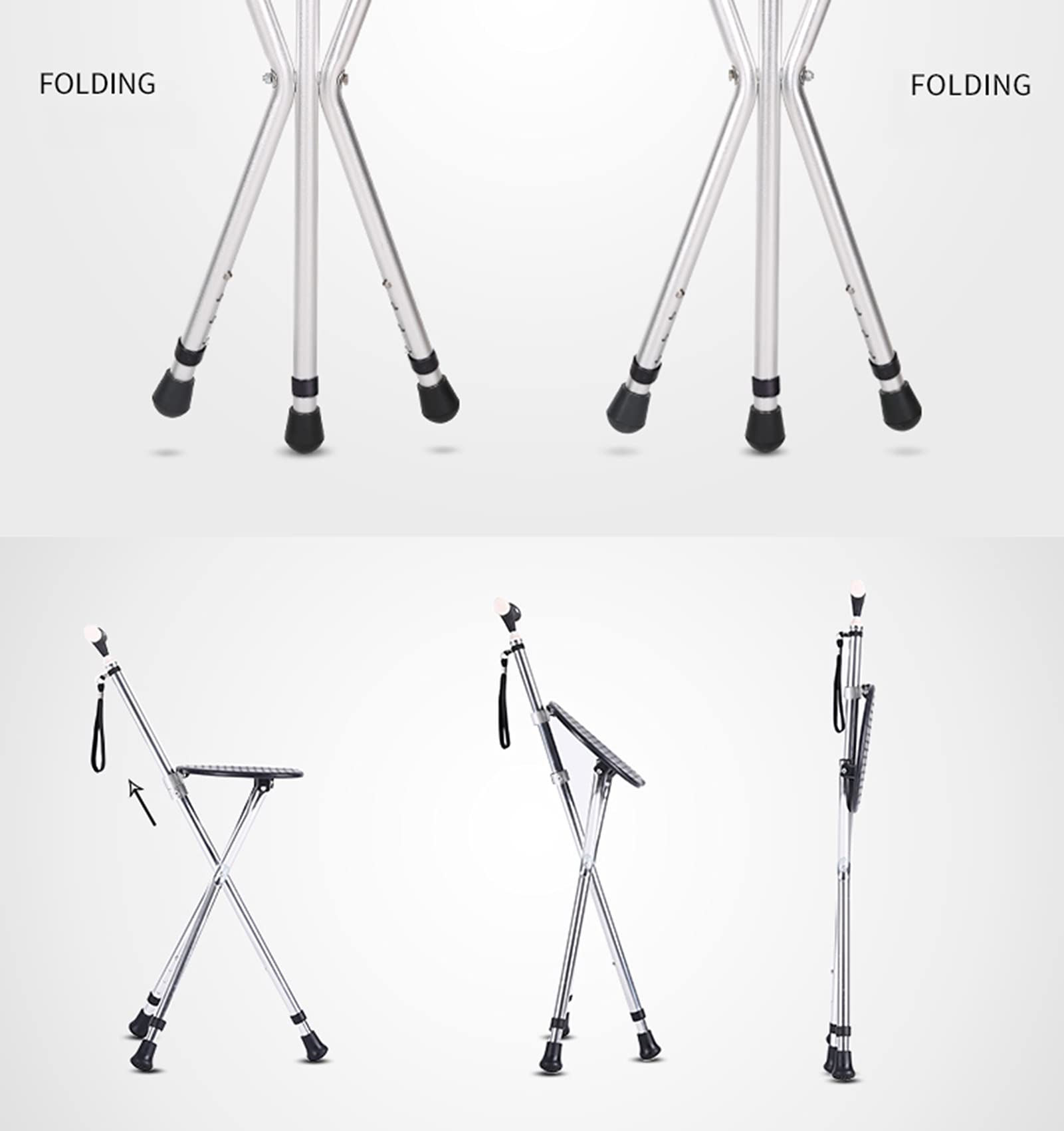 Ancianas Silla De Bastón con Luces LED Y Correa De Muñeca Unisexo Combo De Asiento De Bastón Telescópico Aleación De Aluminio Varilla De Soporte Multiusos Senderismo Palo,Azul