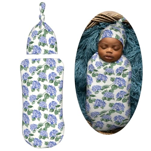 Image of Hydrangea Flower Newborn Swaddle Blankets Hat Sets Soft Baby Receiving Blanket Swaddle Sack for Baby Shower Infant Boy Girl Gift