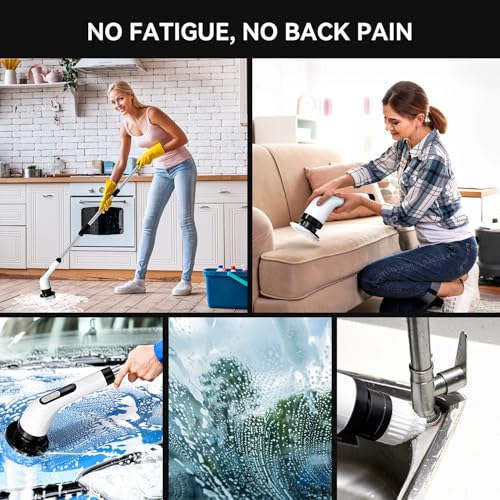 Image of Electric Spin Scrubber Cordless ​Shower Cleaner Bathroom Cleaning Brush Scrubbing with Tool Free Adjustable Extension Arm for Tub Tile Floor and 7 Replaceable Heads for Kitchen Floor (White-Black)