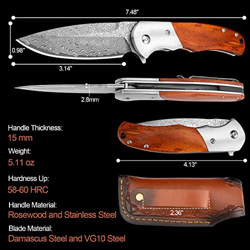 Komwero Damascus Pocket Knife With Clip For Men, Vg10 Damascus Steel Folding Knives, Edc Damascus Hunting Knife With Leather Sheath Wooden Handle For Camping Collection #TOP6