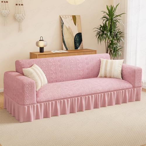 Image of Lukzer 1 Seater Jacquard Sofa Cover with 360 Frill Skirt - Pastel Pink Tribal Pattern | 240 GSM Stretchable Anti-Slip Fully Covered Universal Couch Cover for Living Room (90-140CM /SC-073-01F)