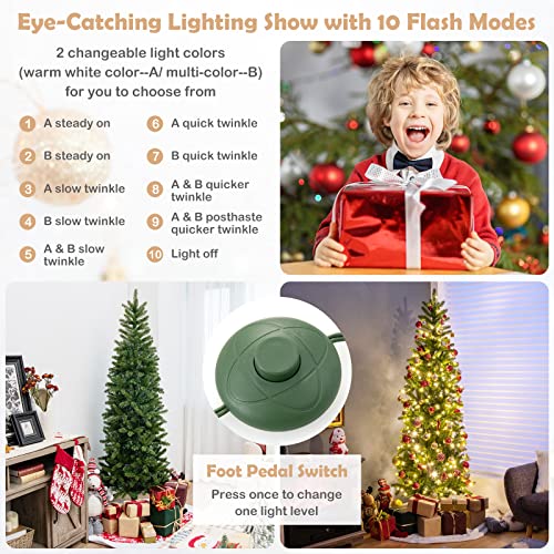 BestComfort 6 FT Pre-Lit Christmas Pencil Tree with 270 LED Warm White & Multi-Color Lights, 10 Flash Modes, 648 Tips, Hinged Slim Artificial Xmas Tree for Holiday Party Home Office, Green - Image 3