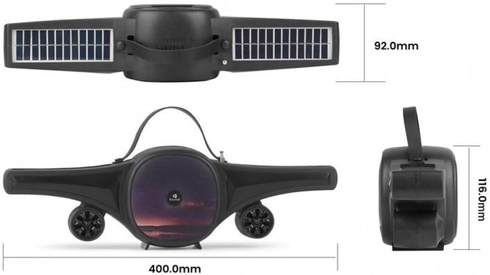 Top and side view of Kisonli SC-21 speaker with dimensions: 400mm length, 92mm width (solar panels), 116mm height.