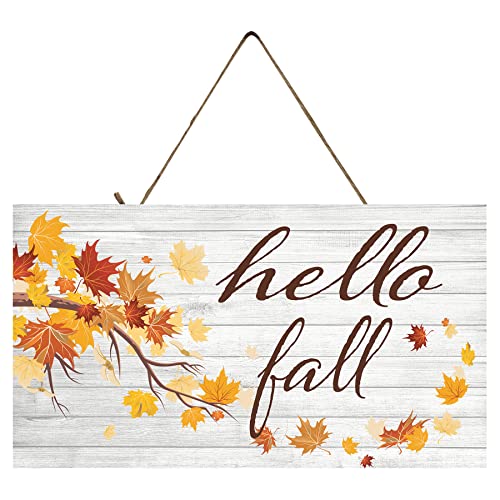 Hello Fall Wall Art Wood Sign - Vintage Farmhouse Decor Wooden Sign - 10x5 Fall Decor Sign - Made in USA Wall Art for Living Room, Bedroom, Office - Ready to Hang Fall Wood Signs Twisted R Design