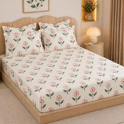 Image of THEA King Elastic Fitted Double Bedsheet Set| 100% Cotton Like Soft Fabric | Microfiber King Elastic Double Bedsheet for King Size Bed (72 X 78 x 10 inches) with 2 Pillow covers,Rosette Meadow
