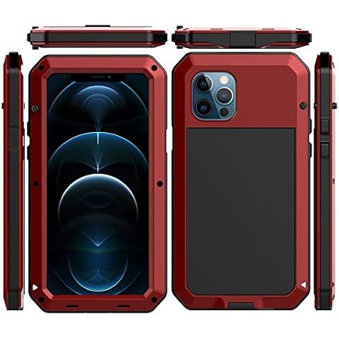 Marrkey for iPhone 12 Case, 360 Full Body Protective Heavy Duty Shockproof [Tough Armour] Aluminum Alloy Metal Case with Silicone Built-in Screen Protector for Apple iPhone 12 Pro 6.1 Inch - Red Cover