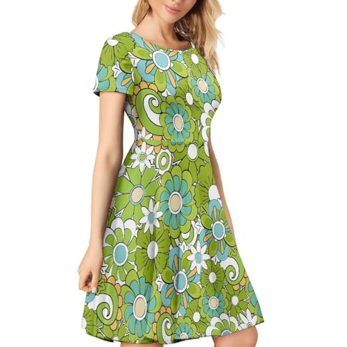 Image of POLERO Sunflower Dress for Women Floral Summer Dresses Short Sleeve Casual Sundresses Midi Dresses