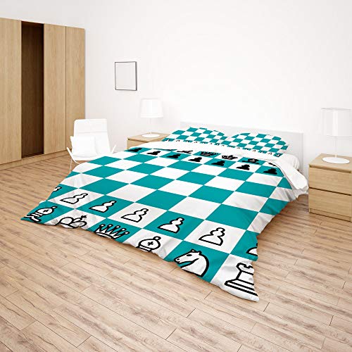 Housse de couette lit simple anti-plis en polyester durable damier bleu blanc - 5