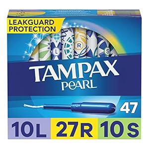 Tampax Pearl Tampons Multipack, Light/Regular/Super Absorbency, With Leakguard Braid, Unscented, 47 Count