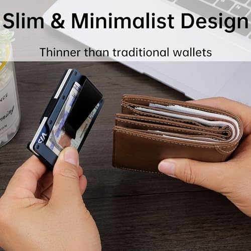 Minimalist Carbon Fiber Wallet for Men, Money Clip Cash Strap Wallet, RFID Blocking Metal Wallet Aluminum Card Holder,Front Pocket Wallet(Matte Navy Blue)2
