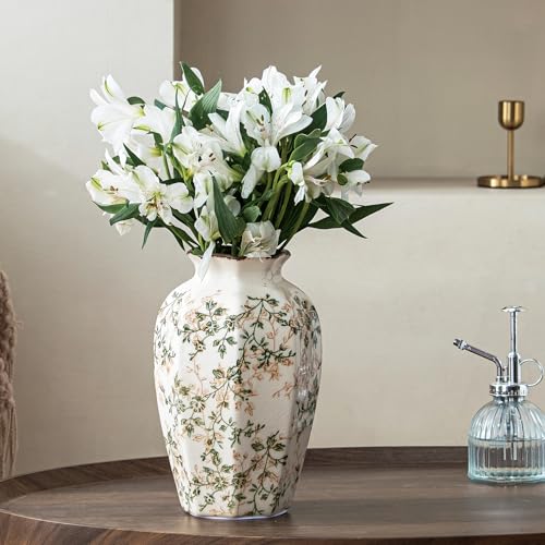 Image of Ceramic Flower Vase | Green Rustic Farmhouse Vase for Home Decor, Vintage Floral Pottery Tuscan Octagonal Vase for Living Room & Kitchen, Mantel & Bookshelf, Centerpieces, Entryway, Wedding(9.1 Inch)