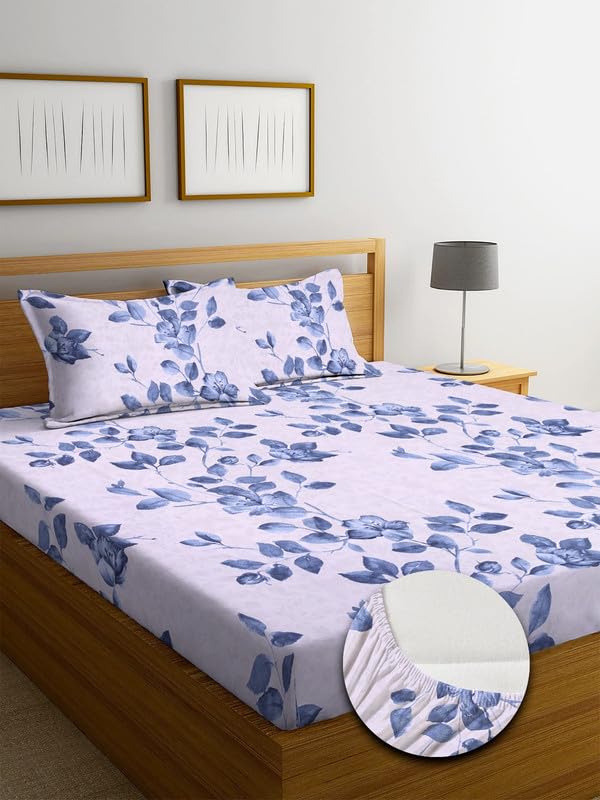 Image of NHD HOME Cotton Fitted King Size Double Bedsheets with 2 Pillow Covers | Elastic Fitted | Wrinklefree | Ultrasoft |All Season Bedsheet 210 tc tc Floral | 78 x 72+8 Inches, Navy Pink Geometric