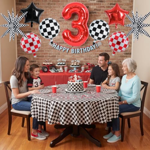 Image of TONIFUL Race Car Party Balloons Set - 40 Inch Red Number 3 Foil Balloon with Checkered Round, Explosion Star & Star Balloons for Boys 3rd Birthday Car Themed Decorations, Photo Backdrop Supplies