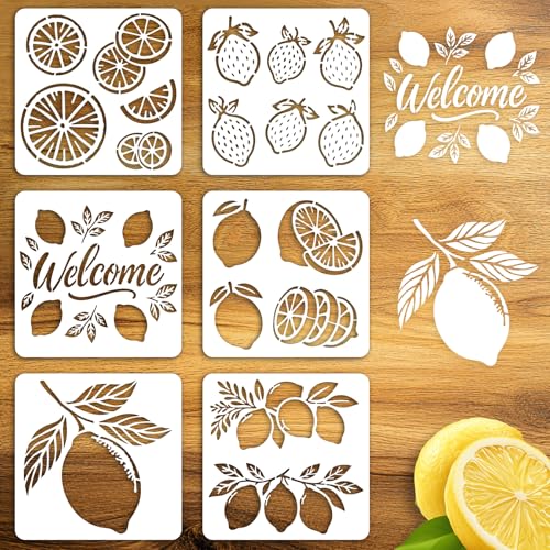 Beinkmake 6Pcs Fruit Lemon Stencil Summer Pet Painting Templates Inlay Border Stencils For Furniture Welcome Sign Reusable Diy Craft For Wall Wood Fabric Canvas Paper Home Decor 7.87Inch