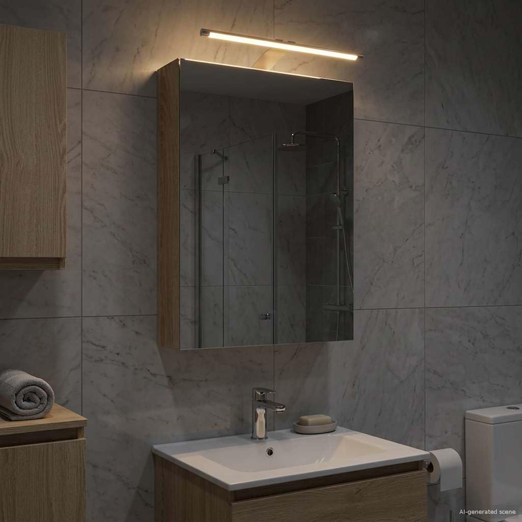 Szafka łazienkowa z lustrem Sonoma dąb z paskami LED 40 x 10,5 x 60,5 cm, materiał drewnopochodny, montaż na ścianie, dwukierunkowe lustro, 2 półki, miejsce do przechowywania mebli