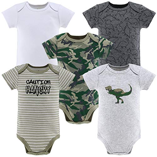 The Peanutshell Short Sleeve Baby Bodysuits Set for Boys - Camo & Dinosaur - 5 Pack Set (Newborn)