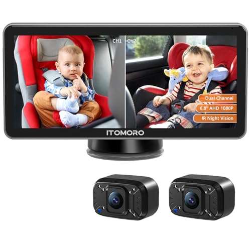 Image of Itomoro Baby Car Camera Dual-Channel 6.8 inch Baby Car Monitor Display with 2 IR Night Vision Camera, Easily Install HD 1080P Car Camera for Baby with Crystal Clear Wide View for Rear Facing Seat
