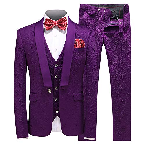 UNINUKOO Mens 3 Piece Suit Jacquard Floral Shawl Lapel Fancy Suits for Men Wedding Party Prom Tuxedo Suit Set US Size 38 Purple