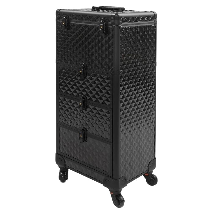 Maletín de maquillaje con ruedas, caja de almacenamiento para maquilladores con 3 cajones, 34 x 27 x 107 cm, diseño de cubos de agua, color negro