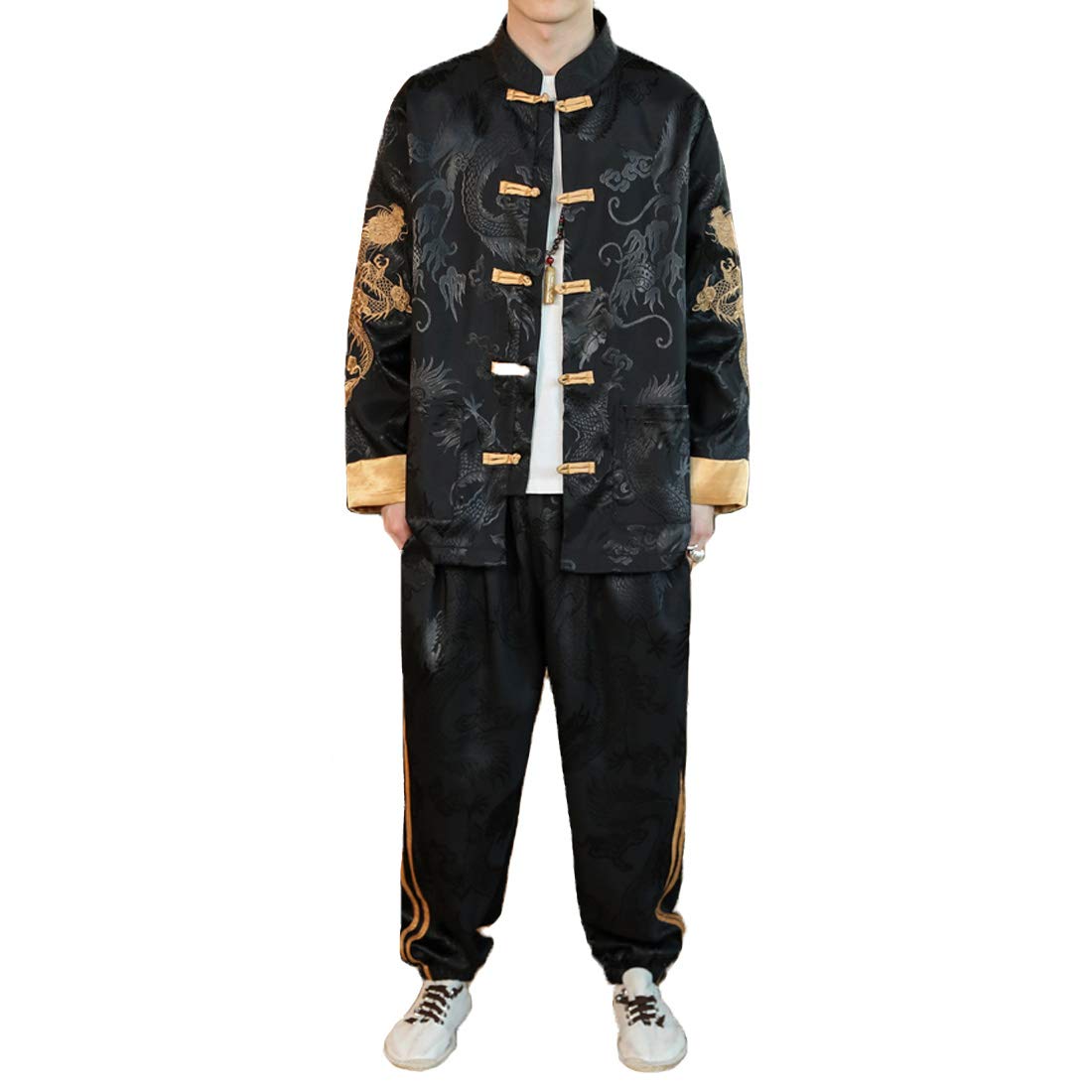 HZCX FASHION Chinese Men Ice Silk Tang Suit Dragon Shirt Kung Fu Uniform Outfit