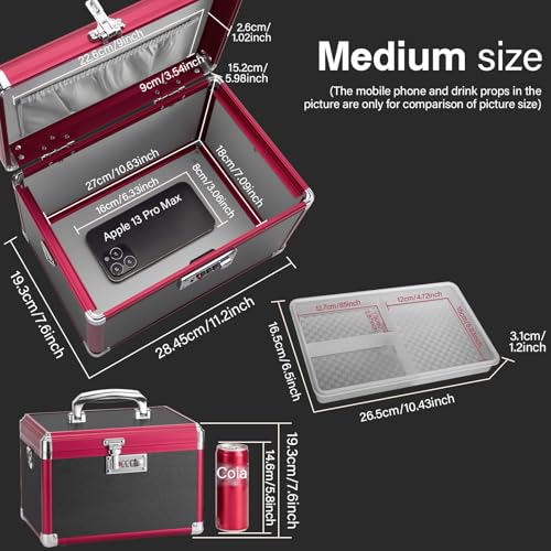 Image of Medicine Lock Box with Combination Lock - 11.2 x 7.6 x 7.6 Inches - First Aid Safe Medication Storage Box, Medications and Personal Items, Safe Boxes for Home and Outdoor - Black Red