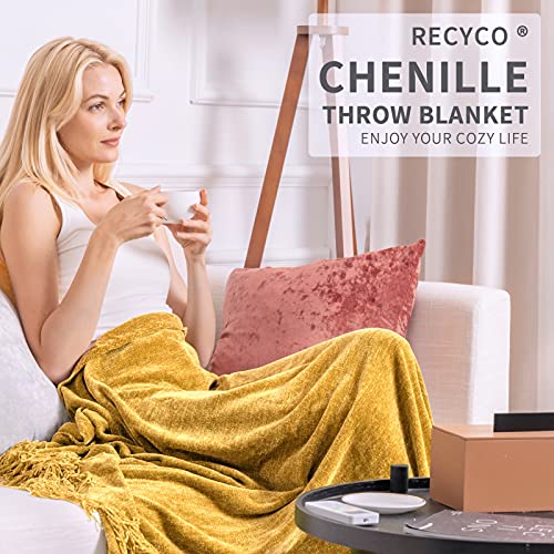 Recyco Throw Blanket Soft Cozy Chenille Throw Blanket With Fringe Tassel For Couch Sofa Chair Bed Living Room Gift (Mustard Yellow, 60'' X 80'') #TOP2