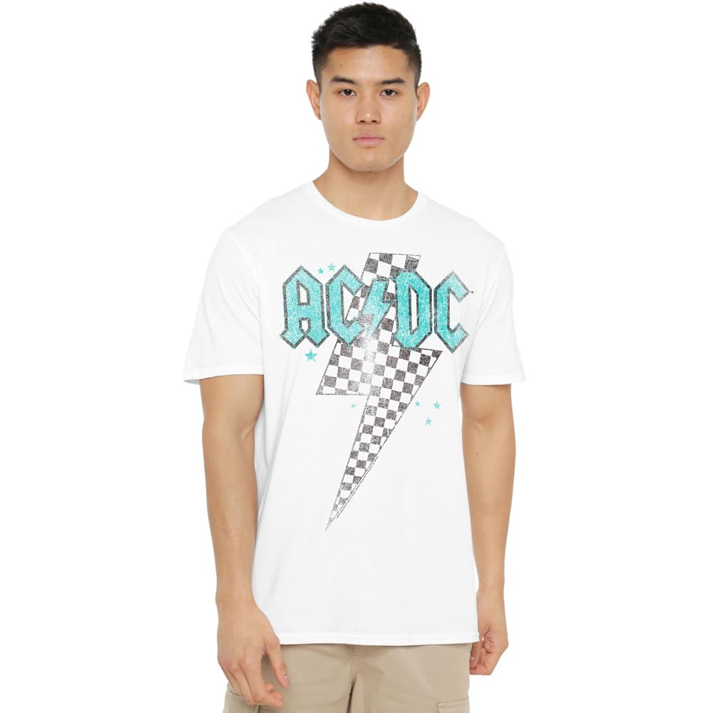 ACDC Skewed Checkerboard Bolt Unisex T Shirt, White, Medium