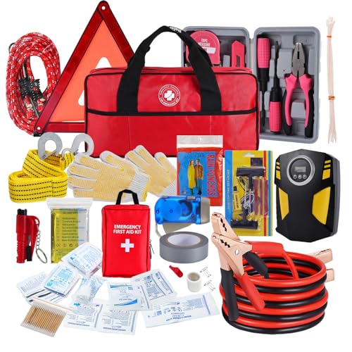 All-in-One Car Emergency Kit with Digital Tire Inflator, Jumper Cable, Tow Strap, Reflective Triangle, First Aid Kit, Hand Crank Flashlight, and Repair Tools for Roadside Safety (Red)