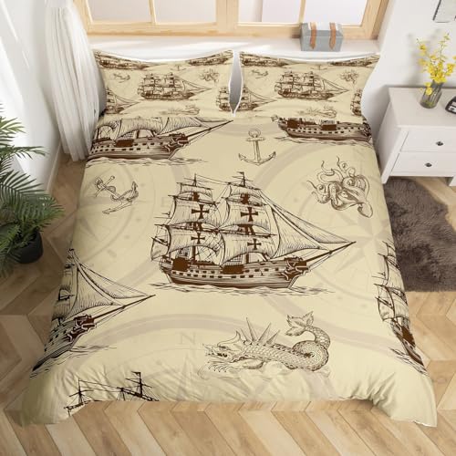 Erosebridal Nautical Comforter Cover Sailboat Duvet Cover Set Full Pirate Boat Bedding Tradition Sailboat Pattern Quilt Cover Tropical Waters Ocean Decorative 3 Pcs Bedding Set with 2 Pillow