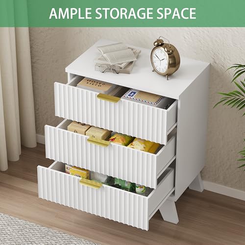Image of Xixini Fluted Nightstand, 24 inch Wide Side Table with 3 Large Storage Drawers, Mid Century Modern Wood Night Stand with Metal Handle, Wooden Bedside End Table for Bedroom, White