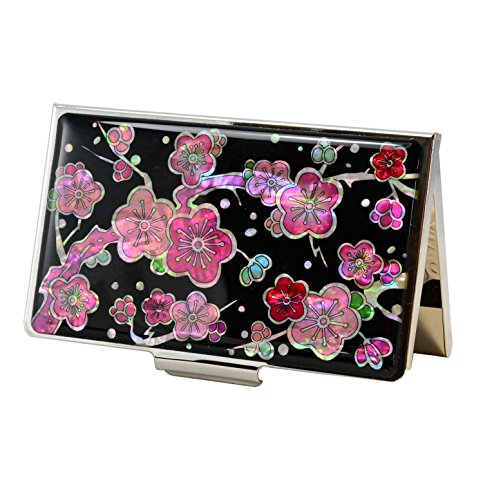 Preisvergleich Produktbild Schönen Visitenkartenhalter - Kartenhalter - Kunst in der Natur Perlmutt - Design Pflaume Blumen - Edelstahl Gehäuse