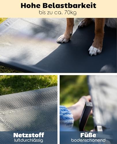 lionto Outdoor Hundeliege erhöht, stabile Haustierliege mit guter Luftzirkulation schützt vor Bodenkälte, 114x76 cm, Abnehmbarer Bezug aus atmungsaktivem Netzgewebe, robuster Metallrahmen, grau