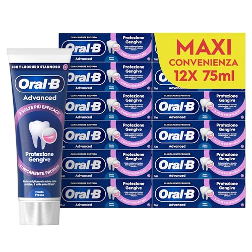 Oral-B Dentifricio Advanced Protezione Gengive 12x75ml, Dentifricio Formato Convenienza per Gengive Infiammate Clinicamente Provato, Pulizia Denti, Alito Fresco, Sapore Menta Piperita e Menta Verde