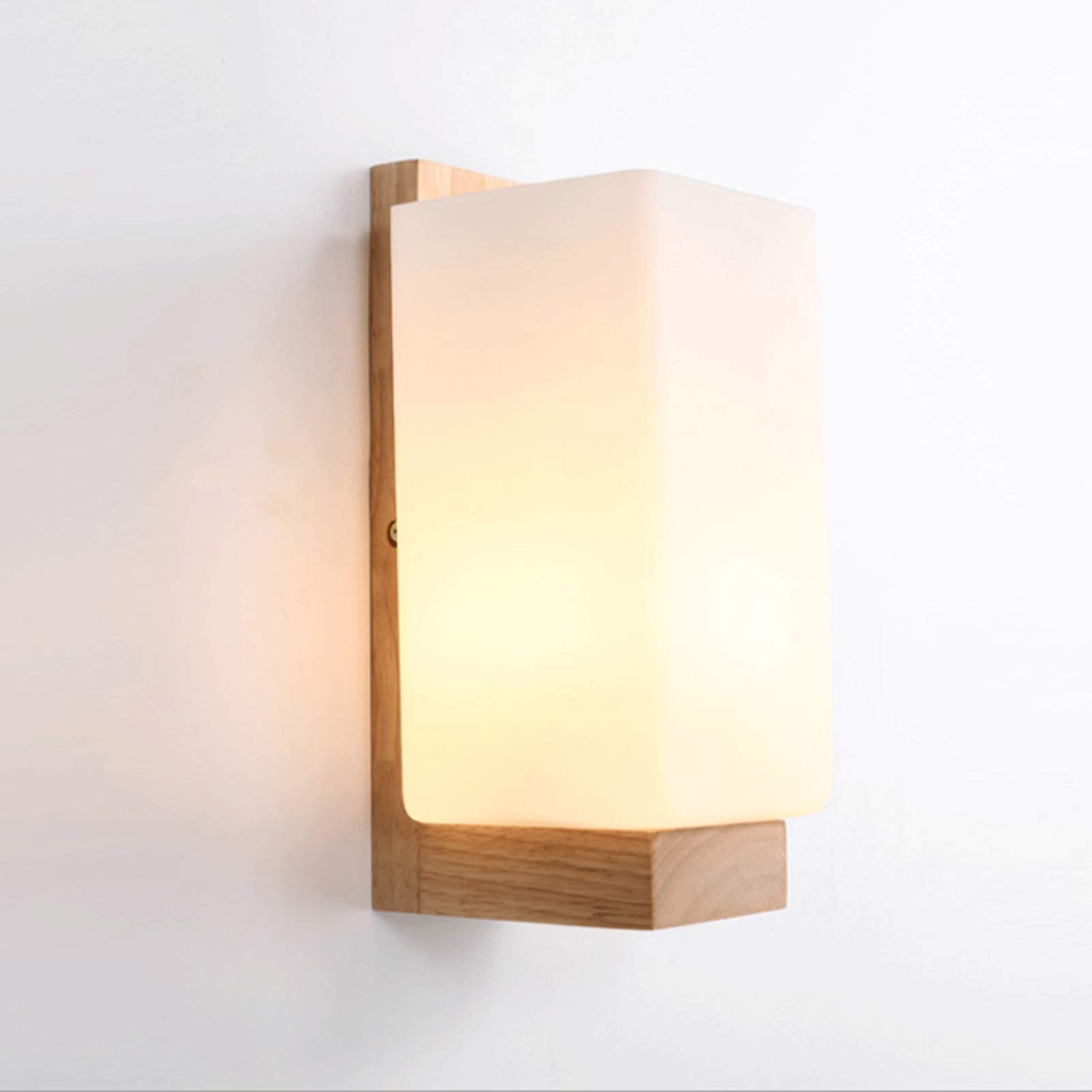 AWEITG Minimalist Wooden Wall Light Glass Lampshade - E27 LED Lamp for Living Room, Bedroom, Balcony, and More(B)