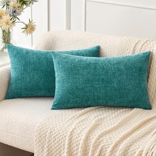 Image of MIULEE Pack of 2 Couch Throw Pillow Covers 12x20 Inch Soft Teal Chenille Lumbar Pillow Covers for Sofa Living Room Solid Dyed Cases