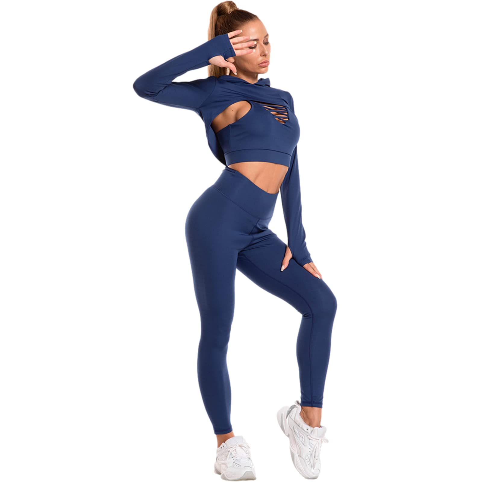 Mujer Conjunto Chándal de Yoga 3 Piezas Sexy Sujetador Camisola Cruzado + Sudadera con Capucha Corta + Legging Ropa Deportiva de Gym Fitness Correr
