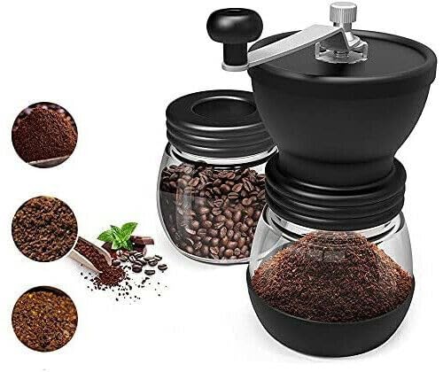 Manual Coffee Grinder Adjustable Ceramic Burr Handheld Bean Mill with Glass Storage Jar and Cleaning Brush Portable Coffee Bean Grinder for Espresso French Press Home Kitchen Office