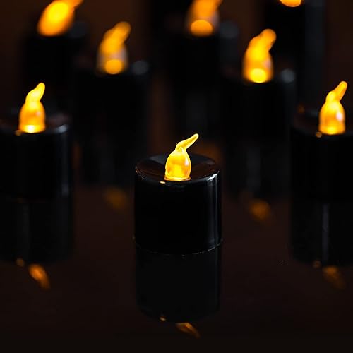 Miniatura 2 de LANKER Paquete de 24 velas de té negras, luces amarillas cálidas parpadeantes, sin llama, velas LED falsas que funcionan con pilas, decoración para