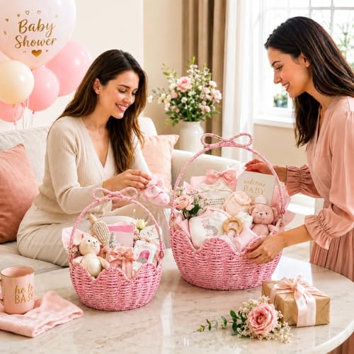 2 Pack Baby Shower Pink Woven Baskets with Bow Handle, Decorative Paper Rope Storage Baskets for Baby Shower, Nursery Organizing, Gift Giving & Home Decor, Large & Medium Size by FoldTier - Image 4