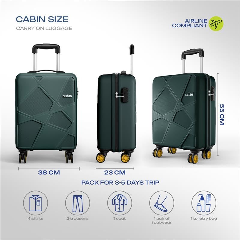 Image of Safari Cabin Polypropylene Spinner Pentagon Pro 8 Wheels 55Cm Trolley Bag Hard Case, 360º Wheeling Carry-On Luggage for Men & Women, Travel Bag, Suitcase for Travel, Dusk Green