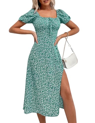 Image of SPRIME Women's Floral Summer Casual Dress Square Neck Puff Sleeve Boho Midi Dresses Ruched Bust High Waist Split Long Dress