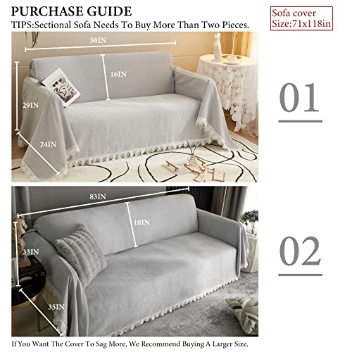 Stacypik Thick Gray Chenille Dogs Sofa Cover For 2 Cushion,Multi-Use Sectional Couch Covers,Boho Washable Furniture Covers Sofa Slipcover Blanket For Kids Cats,Shell Lace Sofa Throw Cover-71X118In #TOP4